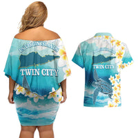 US Virgin Islands St Croix Couples Matching Off Shoulder Short Dress and Hawaiian Shirt Twin City Leatherback With Plumeria