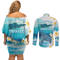 US Virgin Islands St Croix Couples Matching Off Shoulder Short Dress and Long Sleeve Button Shirt Twin City Leatherback With Plumeria
