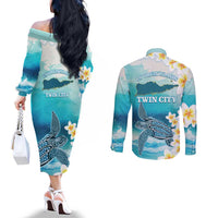 US Virgin Islands St Croix Couples Matching Off The Shoulder Long Sleeve Dress and Long Sleeve Button Shirt Twin City Leatherback With Plumeria