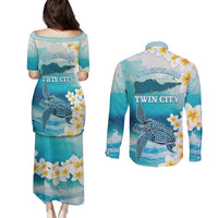 US Virgin Islands St Croix Couples Matching Puletasi and Long Sleeve Button Shirt Twin City Leatherback With Plumeria