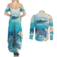 US Virgin Islands St Croix Couples Matching Summer Maxi Dress and Long Sleeve Button Shirt Twin City Leatherback With Plumeria