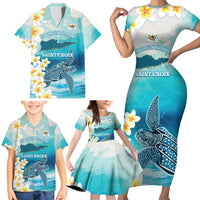 US Virgin Islands St Croix Family Matching Short Sleeve Bodycon Dress and Hawaiian Shirt Twin City Leatherback With Plumeria - Wonder Print Shop