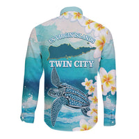 US Virgin Islands St Croix Long Sleeve Button Shirt Twin City Leatherback With Plumeria