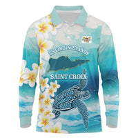US Virgin Islands St Croix Long Sleeve Polo Shirt Twin City Leatherback With Plumeria - Wonder Print Shop