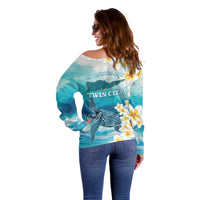 US Virgin Islands St Croix Off Shoulder Sweater Twin City Leatherback With Plumeria - Wonder Print Shop