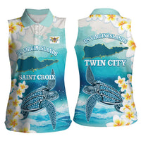 US Virgin Islands St Croix Women Sleeveless Polo Shirt Twin City Leatherback With Plumeria - Wonder Print Shop