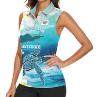 US Virgin Islands St Croix Women Sleeveless Polo Shirt Twin City Leatherback With Plumeria - Wonder Print Shop