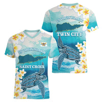 US Virgin Islands St Croix Women V-Neck T-Shirt Twin City Leatherback With Plumeria - Wonder Print Shop