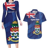Personalised Cayman Islands Couples Matching Long Sleeve Bodycon Dress and Hawaiian Shirt Coat Of Arms Grunge Style
