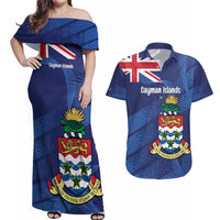 Personalised Cayman Islands Couples Matching Off Shoulder Maxi Dress and Hawaiian Shirt Coat Of Arms Grunge Style