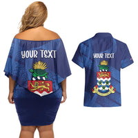 Personalised Cayman Islands Couples Matching Off Shoulder Short Dress and Hawaiian Shirt Coat Of Arms Grunge Style