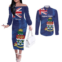 Personalised Cayman Islands Couples Matching Off The Shoulder Long Sleeve Dress and Long Sleeve Button Shirt Coat Of Arms Grunge Style