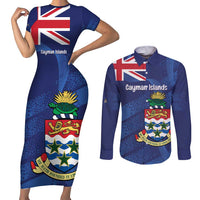 Personalised Cayman Islands Couples Matching Short Sleeve Bodycon Dress and Long Sleeve Button Shirt Coat Of Arms Grunge Style