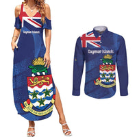 Personalised Cayman Islands Couples Matching Summer Maxi Dress and Long Sleeve Button Shirt Coat Of Arms Grunge Style