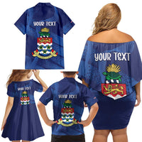 Personalised Cayman Islands Family Matching Off Shoulder Short Dress and Hawaiian Shirt Coat Of Arms Grunge Style - Wonder Print Shop