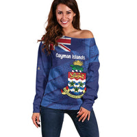 Personalised Cayman Islands Off Shoulder Sweater Coat Of Arms Grunge Style - Wonder Print Shop