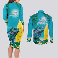 Blue Iguana Cayman Islands Couples Matching Long Sleeve Bodycon Dress and Long Sleeve Button Shirt Turquoise Tropical Vibes