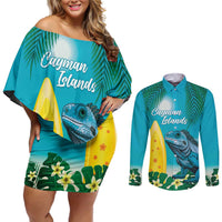 Blue Iguana Cayman Islands Couples Matching Off Shoulder Short Dress and Long Sleeve Button Shirt Turquoise Tropical Vibes