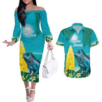 Blue Iguana Cayman Islands Couples Matching Off The Shoulder Long Sleeve Dress and Hawaiian Shirt Turquoise Tropical Vibes