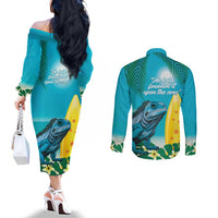 Blue Iguana Cayman Islands Couples Matching Off The Shoulder Long Sleeve Dress and Long Sleeve Button Shirt Turquoise Tropical Vibes