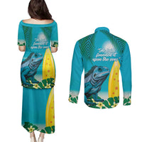 Blue Iguana Cayman Islands Couples Matching Puletasi and Long Sleeve Button Shirt Turquoise Tropical Vibes