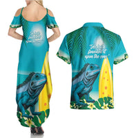 Blue Iguana Cayman Islands Couples Matching Summer Maxi Dress and Hawaiian Shirt Turquoise Tropical Vibes