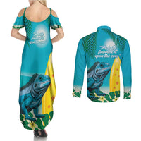 Blue Iguana Cayman Islands Couples Matching Summer Maxi Dress and Long Sleeve Button Shirt Turquoise Tropical Vibes