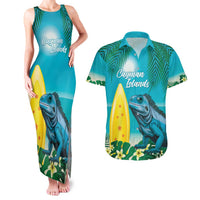 Blue Iguana Cayman Islands Couples Matching Tank Maxi Dress and Hawaiian Shirt Turquoise Tropical Vibes