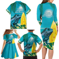 Blue Iguana Cayman Islands Family Matching Long Sleeve Bodycon Dress and Hawaiian Shirt Turquoise Tropical Vibes - Wonder Print Shop