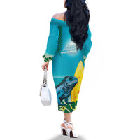 Blue Iguana Cayman Islands Family Matching Off The Shoulder Long Sleeve Dress and Hawaiian Shirt Turquoise Tropical Vibes
