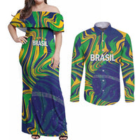 Brazil Football Custom Couples Matching Off Shoulder Maxi Dress and Long Sleeve Button Shirt 2026 Vamos Brasil Marble Pattern - Wonder Print Shop
