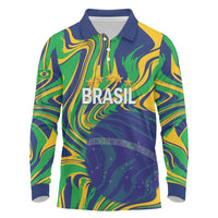 Brazil Football Custom Long Sleeve Polo Shirt 2026 Vamos Brasil Marble Pattern - Wonder Print Shop