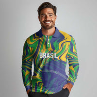 Brazil Football Custom Long Sleeve Polo Shirt 2026 Vamos Brasil Marble Pattern - Wonder Print Shop