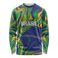 Brazil Football Custom Long Sleeve Shirt 2026 Vamos Brasil Marble Pattern - Wonder Print Shop