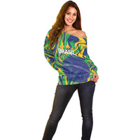 Brazil Football Custom Off Shoulder Sweater 2026 Vamos Brasil Marble Pattern - Wonder Print Shop