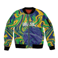 Brazil Football Custom Sleeve Zip Bomber Jacket 2026 Vamos Brasil Marble Pattern - Wonder Print Shop