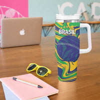 Brazil Football Custom Tumbler With Handle 2026 Vamos Brasil Marble Pattern - Wonder Print Shop