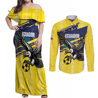 Ecuador Football Custom Couples Matching Off Shoulder Maxi Dress and Long Sleeve Button Shirt 2026 Vamos La Tri Yellow South America Pattern - Wonder Print Shop