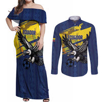 Ecuador Football Custom Couples Matching Off Shoulder Maxi Dress and Long Sleeve Button Shirt 2026 Vamos La Tri Blue South America Pattern - Wonder Print Shop