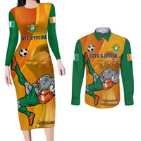Custom Ivory Coast Football Couples Matching Long Sleeve Bodycon Dress and Long Sleeve Button Shirt 2024 Mascot With Champions Trophy - Wonder Print Shop