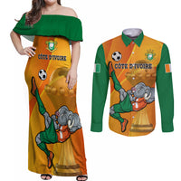 Custom Ivory Coast Football Couples Matching Off Shoulder Maxi Dress and Long Sleeve Button Shirt 2024 Mascot With Champions Trophy - Wonder Print Shop