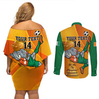 Custom Ivory Coast Football Couples Matching Off Shoulder Short Dress and Long Sleeve Button Shirt 2024 Mascot With Champions Trophy - Wonder Print Shop