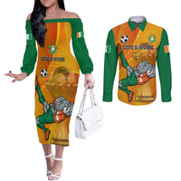 Custom Ivory Coast Football Couples Matching Off The Shoulder Long Sleeve Dress and Long Sleeve Button Shirt 2024 Mascot With Champions Trophy