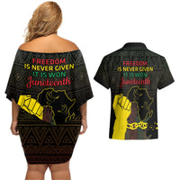 Juneteenth Freedom Day Couples Matching Off Shoulder Short Dress and Hawaiian Shirt 1865 Black Independence African Pattern - Wonder Print Shop