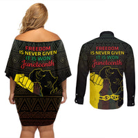 Juneteenth Freedom Day Couples Matching Off Shoulder Short Dress and Long Sleeve Button Shirt 1865 Black Independence African Pattern - Wonder Print Shop