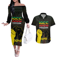 Juneteenth Freedom Day Couples Matching Off The Shoulder Long Sleeve Dress and Hawaiian Shirt 1865 Black Independence African Pattern - Wonder Print Shop