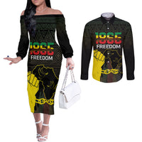 Juneteenth Freedom Day Couples Matching Off The Shoulder Long Sleeve Dress and Long Sleeve Button Shirt 1865 Black Independence African Pattern