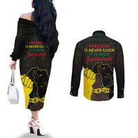 Juneteenth Freedom Day Couples Matching Off The Shoulder Long Sleeve Dress and Long Sleeve Button Shirt 1865 Black Independence African Pattern