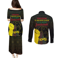 Juneteenth Freedom Day Couples Matching Puletasi and Long Sleeve Button Shirt 1865 Black Independence African Pattern - Wonder Print Shop