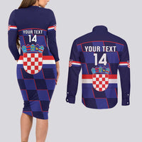 Custom Croatia Football Couples Matching Long Sleeve Bodycon Dress and Long Sleeve Button Shirt Come On Vatreni Checkerboard Style